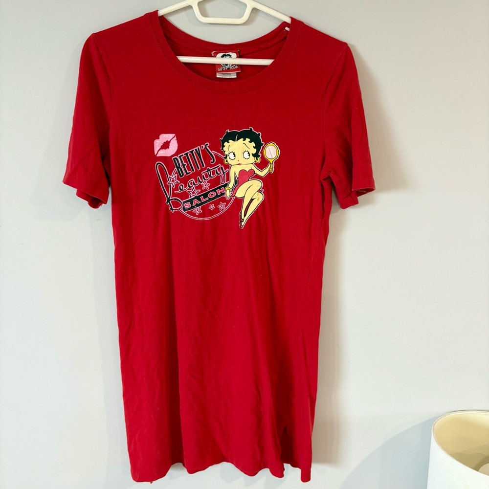 VINTAGE BETTY BOOP Retro Red Short Sleeve Tee Shirt Dress Pink Kiss Graphic - Picture 12 of 12